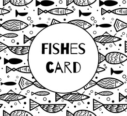 Obraz premium Card with boho pattern with outline doodle fishes and bubbles and place for text on white background. Underwater lagoon world. Vector template for menu, banner, recipe and for your business