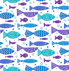 Seamless boho flat pattern with doodle fishes and bubbles floating to the right on white background. Underwater lagoon world. Vector child texture for fabrics, wallpapers and your creativity