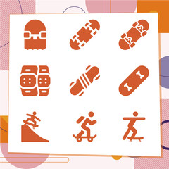 Simple set of 9 icons related to skateboard