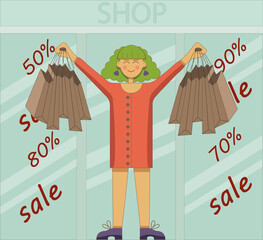 Vector illustration of a smiling woman with shopping bags in her hands raised up against the background of a store, with the text of discounts and sales. Illustration in the style of a cartoon. It can