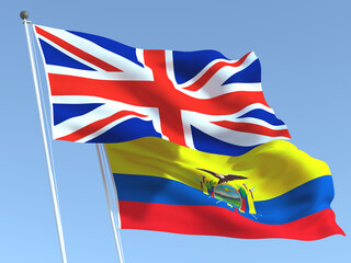 The flags of United Kingdom and Ecuador on the blue sky. For news, reportage, business. 3d illustration
