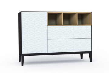 3D illustration. Black and white modern design chest of drawers isolated on white background. Furniture with open shelves. Geometric ornament on facades. Doors, drawers with push opening system.