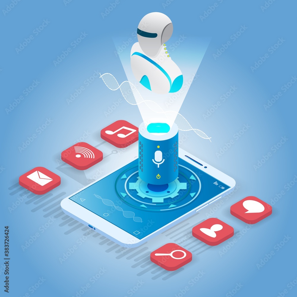 Poster isometric smartphone with voice controlled digital robot assistant, vector illustration. ai chatbot.