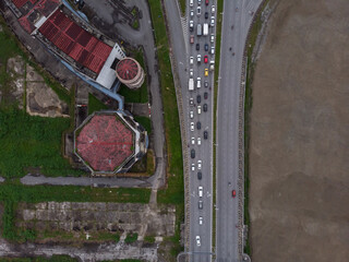 Aerial view of busy road intersection