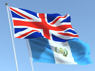 The flags of United Kingdom and Guatemala on the blue sky. For news, reportage, business. 3d illustration