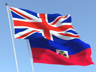 The flags of United Kingdom and Haiti on the blue sky. For news, reportage, business. 3d illustration