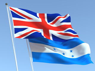 The flags of United Kingdom and Honduras on the blue sky. For news, reportage, business. 3d illustration