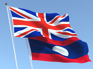 The flags of United Kingdom and Laos on the blue sky. For news, reportage, business. 3d illustration