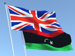 The flags of United Kingdom and Libya on the blue sky. For news, reportage, business. 3d illustration