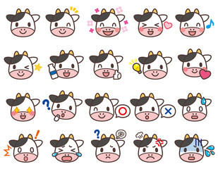 色々な表情のかわいい牛のキャラクターの顔セット
