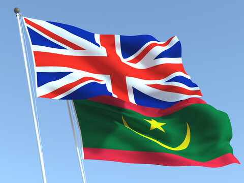 The flags of United Kingdom and Mauritania on the blue sky. For news, reportage, business. 3d illustration
