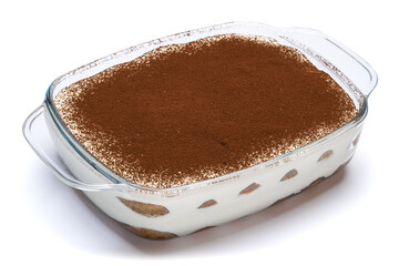Traditional Italian Tiramisu dessert in glass baking dish isolated on white background with clipping path