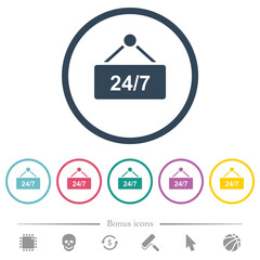 hanging table with 24h seven days a week flat color icons in round outlines
