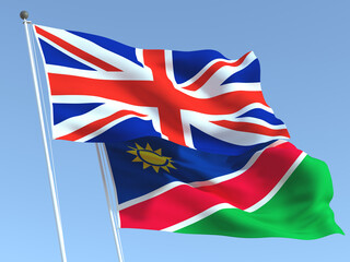 The flags of United Kingdom and Namibia on the blue sky. For news, reportage, business. 3d illustration