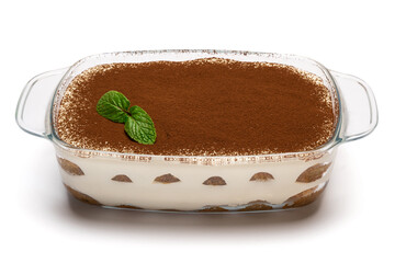 Traditional Italian Tiramisu dessert in glass baking dish isolated on white background with clipping path