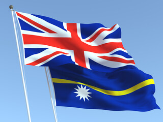 The flags of United Kingdom and Nauru on the blue sky. For news, reportage, business. 3d illustration