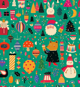 Vintage Christmas vector seamless pattern with Santa Claus, Christmas tree, King Mouse, Snowman and Christmas toys, gifts and Bear