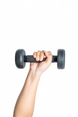 Hand holding black dumbbell as fitness conceptual isolated on white background. This photo can be used for sport or body concept.