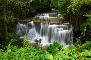 Landscape of Huai Mae Kamin waterfall Srinakarin at Kanchanaburi, Thailand. Travel trip on holiday and vacation background, tourist attraction.