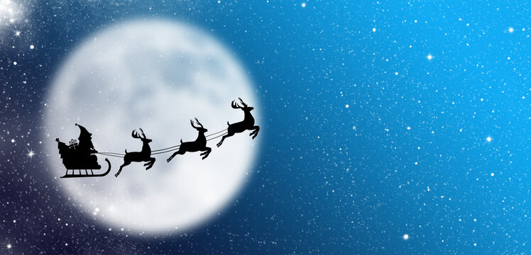 Christmas card with santa claus, reindeer, sleigh, gift and christmas tree on the background of the big moon in the night moonlight, stars and snow. Illustration. Baner.Copy space for text