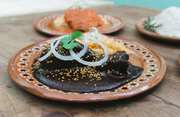 mole with chicken and rice, food with traditional Mexican sauce and sesame seeds