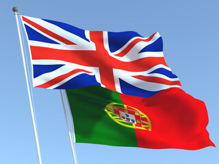 The flags of United Kingdom and Portugal on the blue sky. For news, reportage, business. 3d illustration