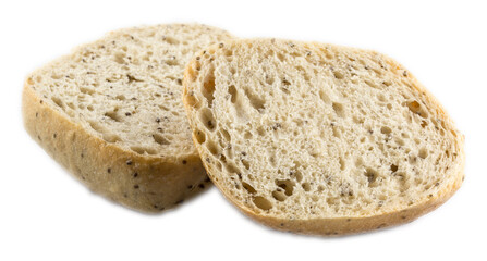 Frische Roggen-Dinkel-Chia-Brötchen aus der Backstube. Freigestellt, keine Schatten.