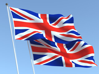 The flags of United Kingdom and United Kingdom on the blue sky. For news, reportage, business. 3d illustration