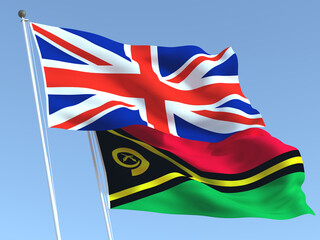 The flags of United Kingdom and Vanuatu on the blue sky. For news, reportage, business. 3d illustration