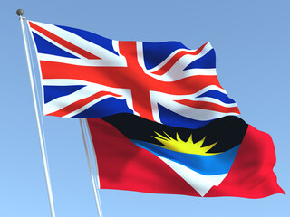 The flags of United Kingdom and Antigua and Barbuda on the blue sky. For news, reportage, business. 3d illustration