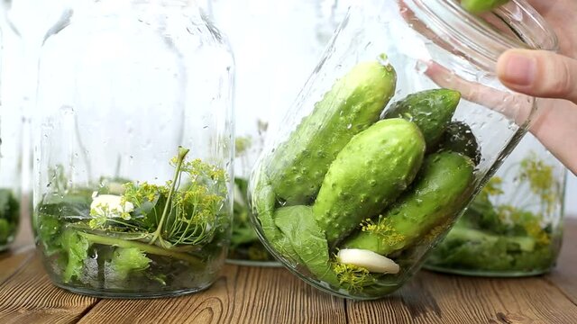 Preservation of cucumbers for the winter. Jars of garlic and spices for cucumbers, food, traditional