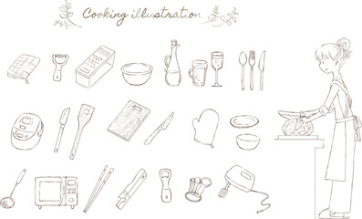 料理をする女性とキッチン用品の線画イラストセット