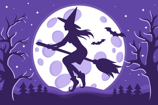 Vector cartoon illustration of Halloween witch silhouette flying on a broomstick on the background of the full moon