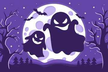 Vector cartoon illustration of Halloween ghosts silhouette with different emotions on a background of the full moon