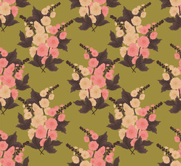 Hollyhocks bouquet seamless vector pattern. Beautiful bouquet of flowers in orange and bright pink with brown leaves over green . Great for home décor, fabric, wallpaper, stationery, design projects.