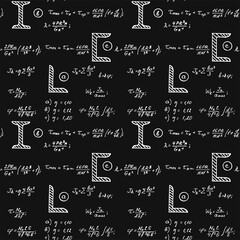 Physics seamless pattern with the equations, figures, schemes, formulas and other calculations on blackboard. Retro scientific and education handwritten vector Illustration.