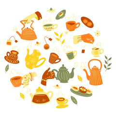 Tea Hand Drawn Vector Symbols. Set of Different Cups, Pots and Candy on White Background.