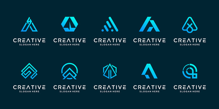 Set creative collection letter A logo design template. icon for technology, internet, digital.