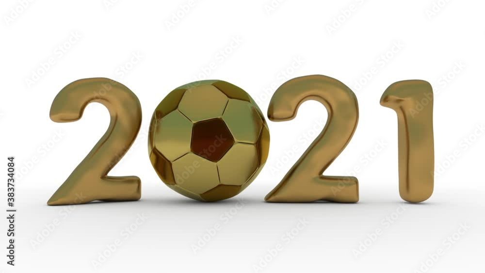 Poster 3d rendering of the golden date of the 2021 new year and a golden soccer ball that rotates in place 