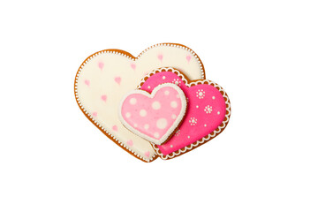 background from pink cookies heart shaped with different patterns, isolated
