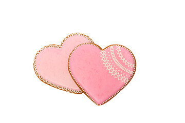 Background from pink cookies heart shaped with different patterns, isolated
