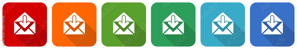 Poster Email icon set, flat design vector illustration in 6 colors options for webdesign and mobile applications