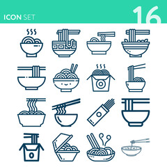 Simple set of 16 icons related to noodles