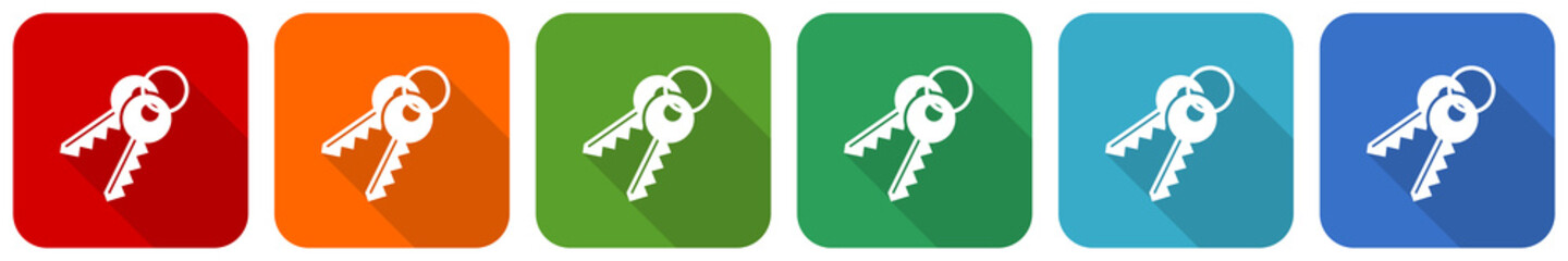 Keys icon set, flat design vector illustration in 6 colors options for webdesign and mobile applications