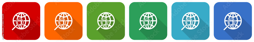 Aufkleber search icon set, flat design vector illustration in 6 colors options for webdesign and mobile applic