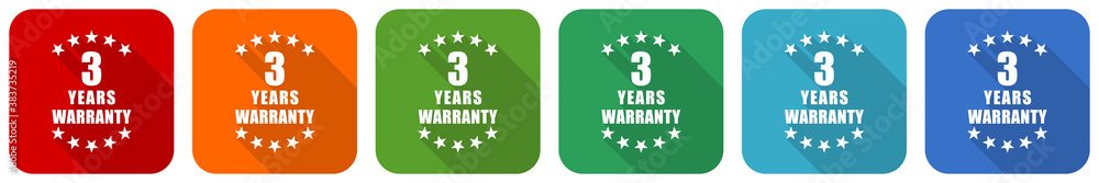 Fototapete warranty guarantee 3 year icon set, flat design vector illustration in 6 colors options for webdesig