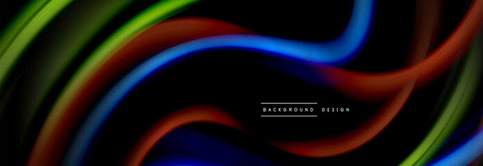 Dynamic motion abstract background. Color blurred stripes on black. Wave liquid lines poster. Vector illustration