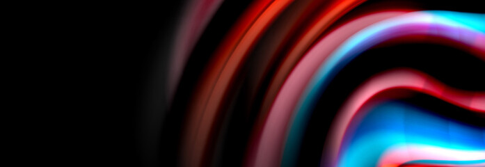 Dynamic motion abstract background. Color blurred stripes on black. Wave liquid lines poster. Vector illustration