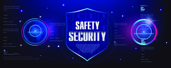 Obraz premium Security shield. Safety and security. Futuristic cyber banner with the concept of protecting your data from unauthorized hacking. Secure login via touch ID. Vector