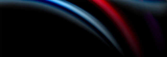 Dynamic motion abstract background. Color blurred stripes on black. Wave liquid lines poster. Vector illustration